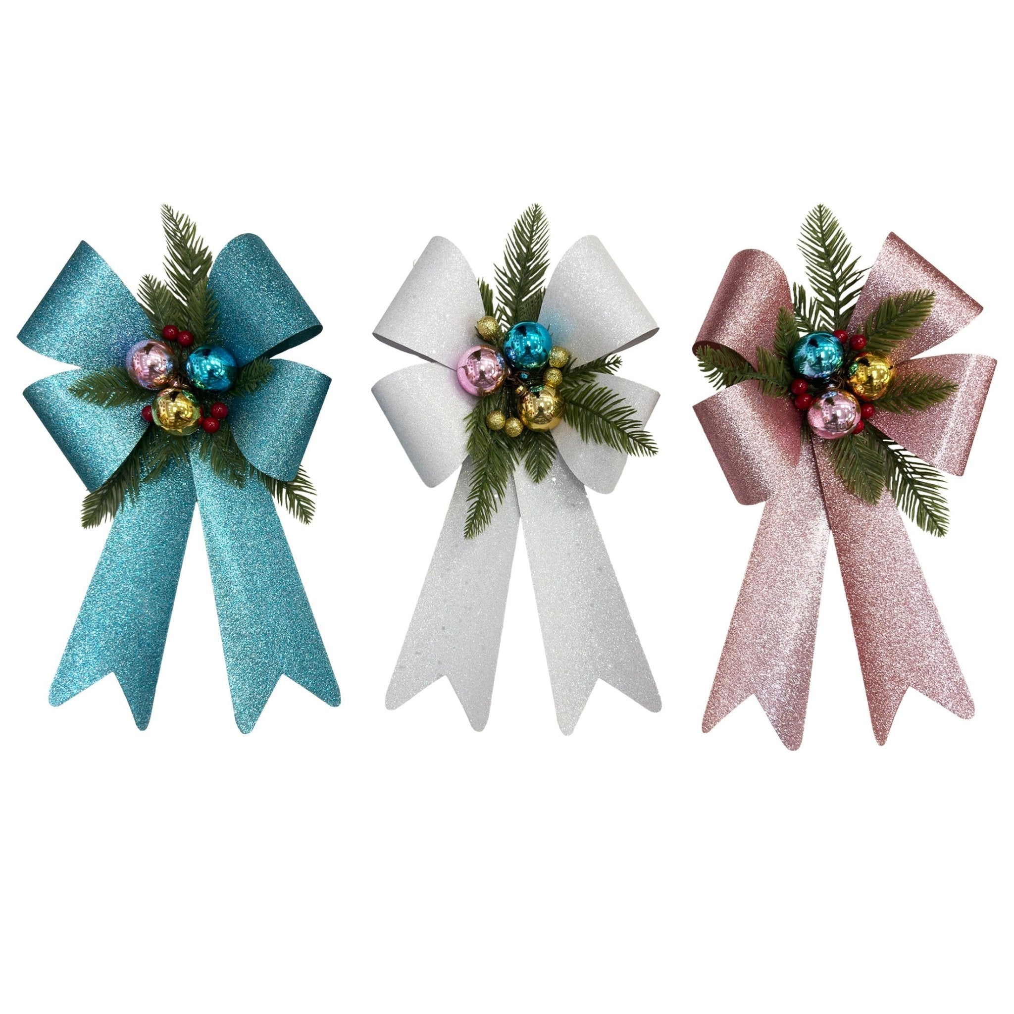Large Glitter Pvc Bow With Pine Cluster - Country Silk