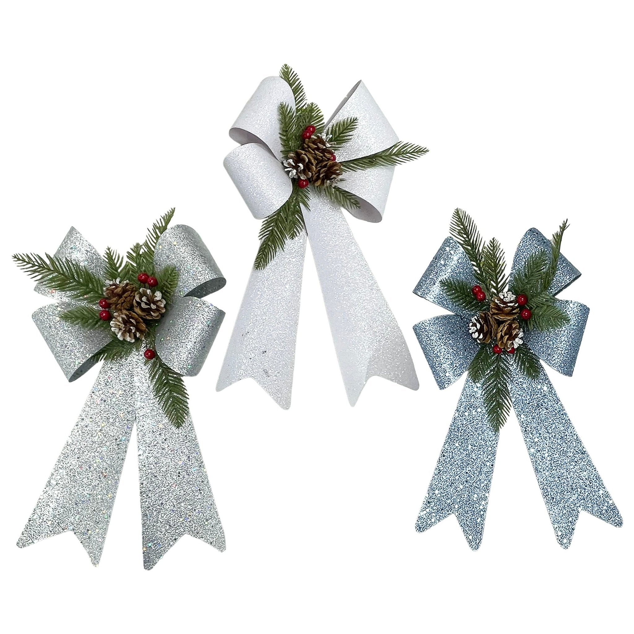 Large Glitter Pvc Bow With Pine Cluster - Country Silk