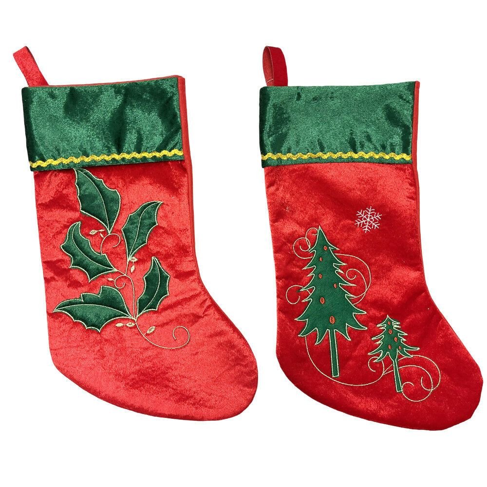 Stocking With Holly Leaf Tree Embroidede - Country Silk