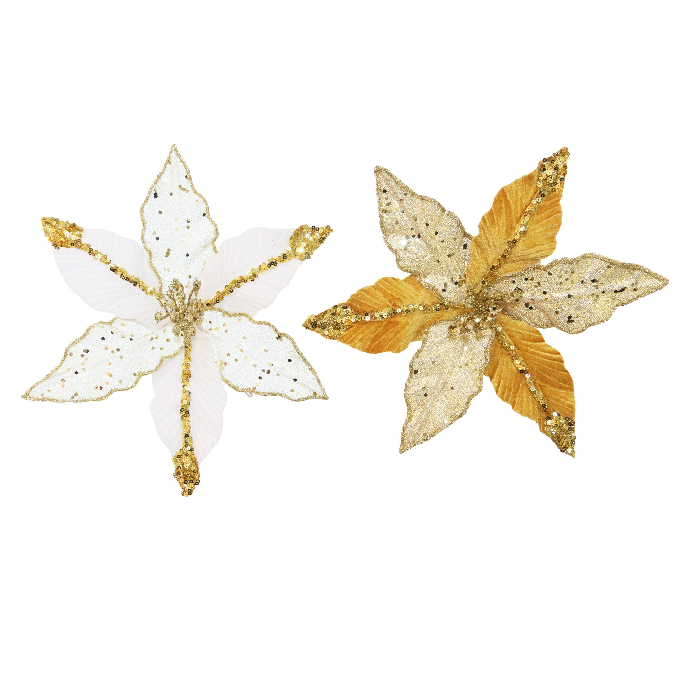 Clip On Beaded And Velvet Poinsettia Pick With Sequin Glitter