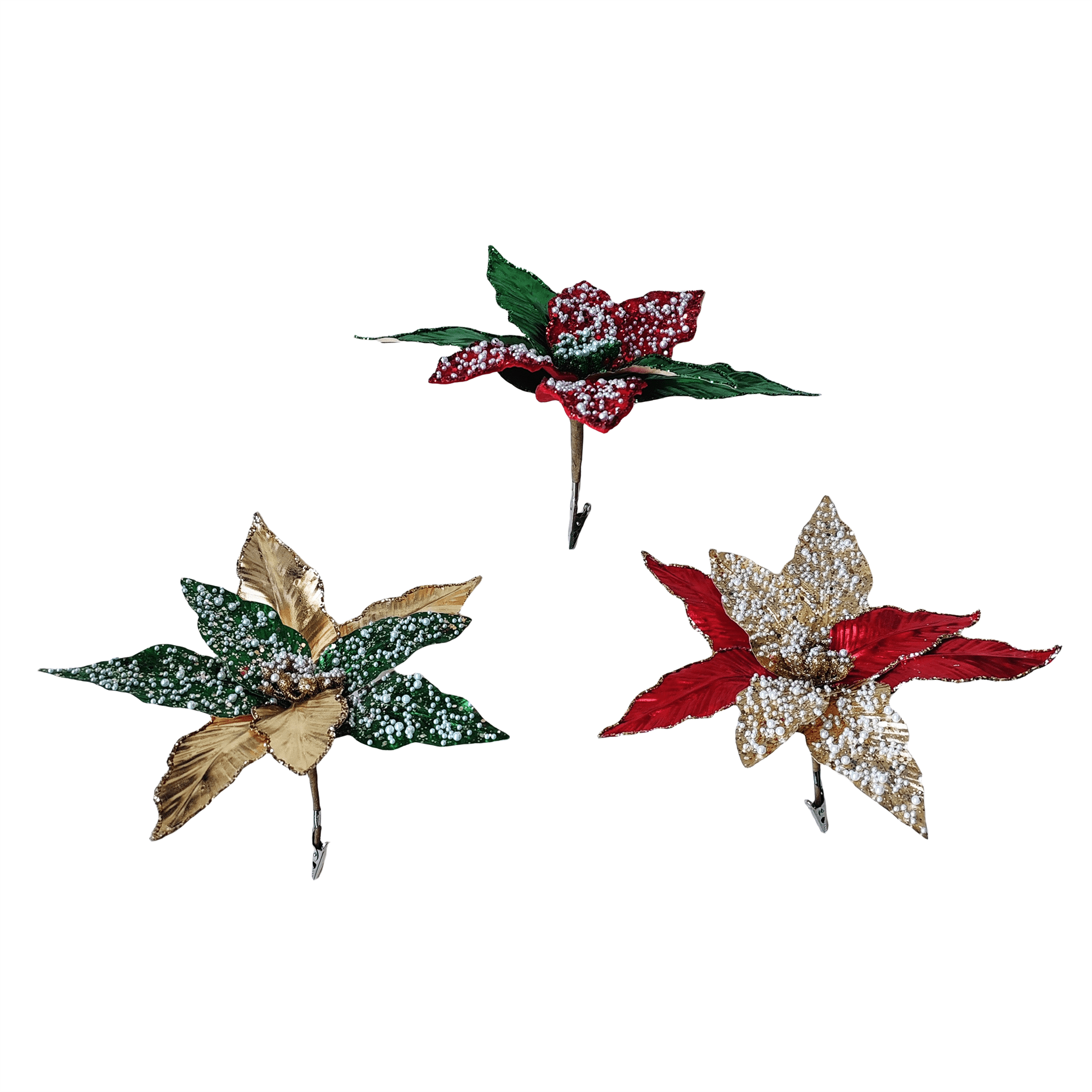 Pdq Beaded Metallic Poinsettia Pick - Country Silk