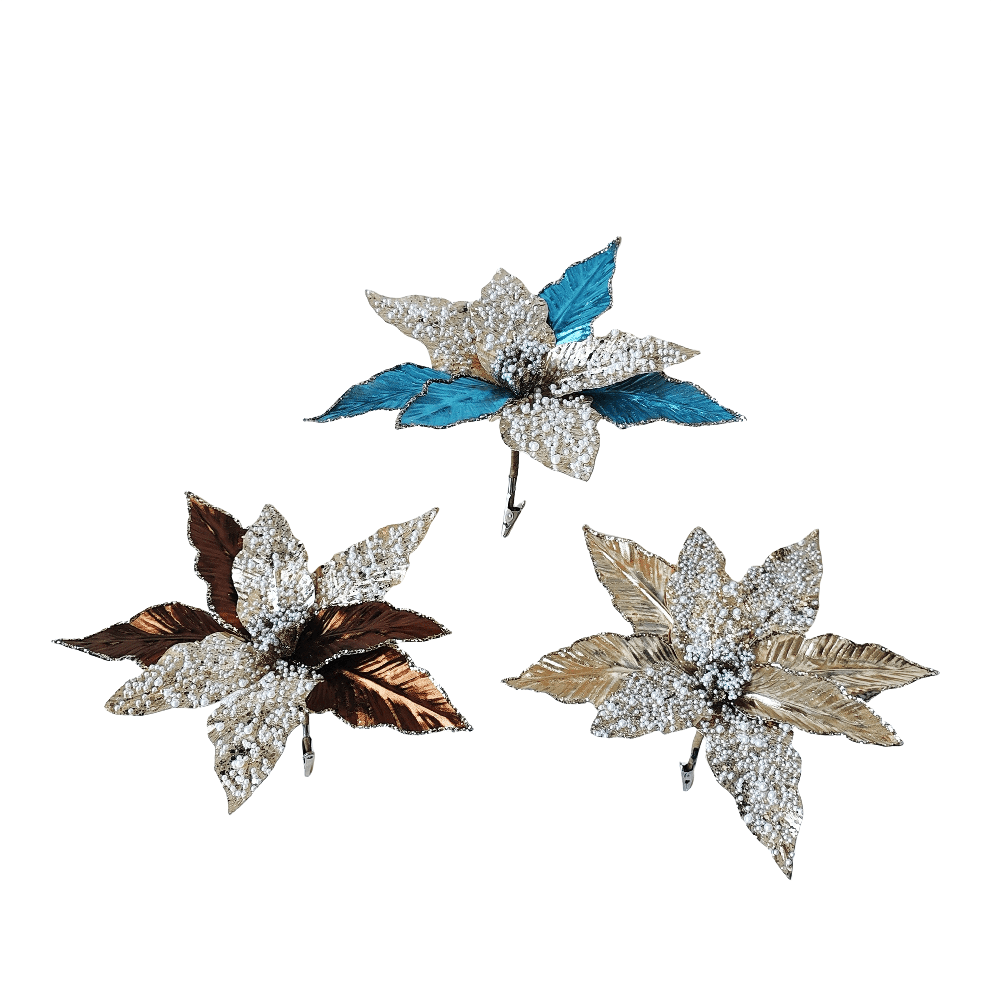 Pdq Beaded Metallic Poinsettia Pick - Country Silk