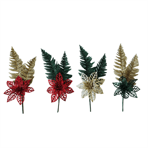 Pdq Poinsettia Pick With Fern - Country Silk