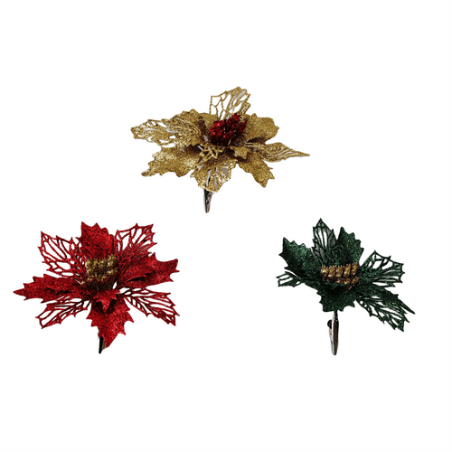 Pdq Glitter Poinsettia Pick With Clip - Country Silk