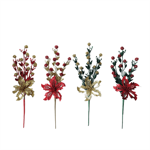 Pdq Poinsettia Pick With Tinsel Balls - Country Silk