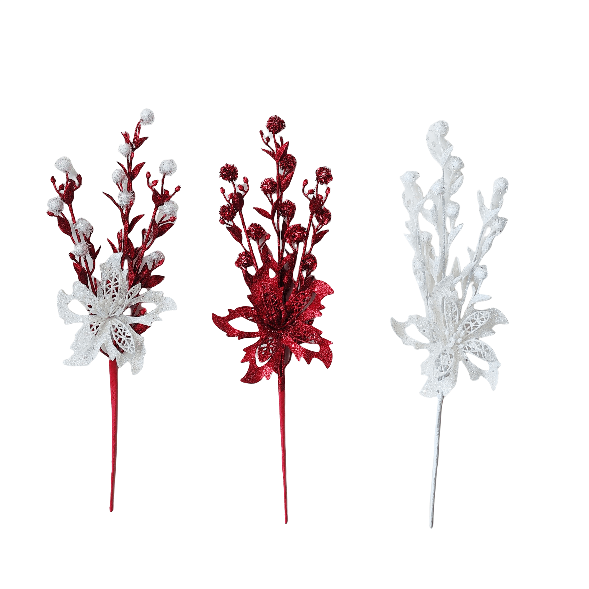 Pdq Poinsettia Pick With Tinsel Balls - Country Silk