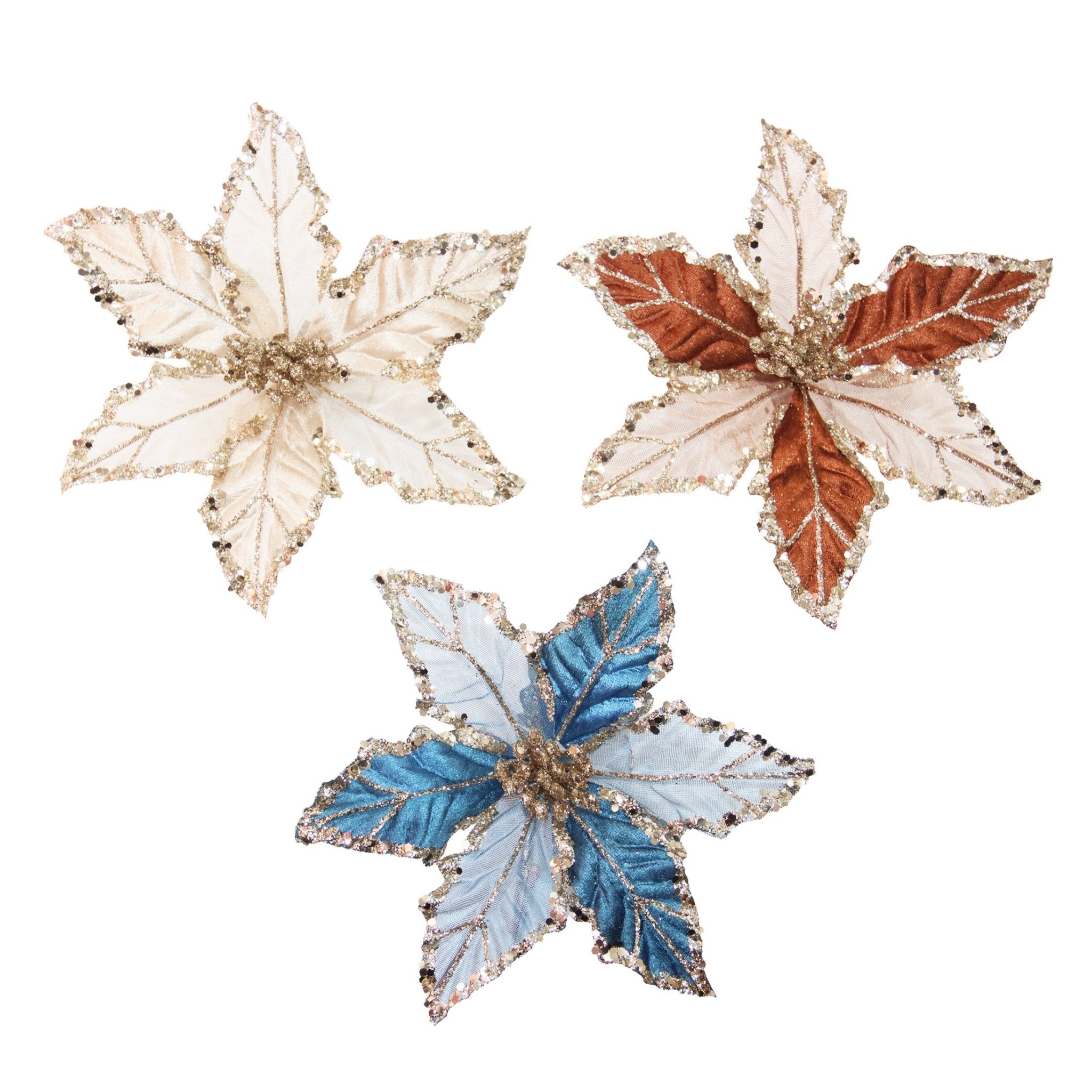 Clip On Sheer/Velvet Poinsettia Pick With Glitter Trim - Country Silk