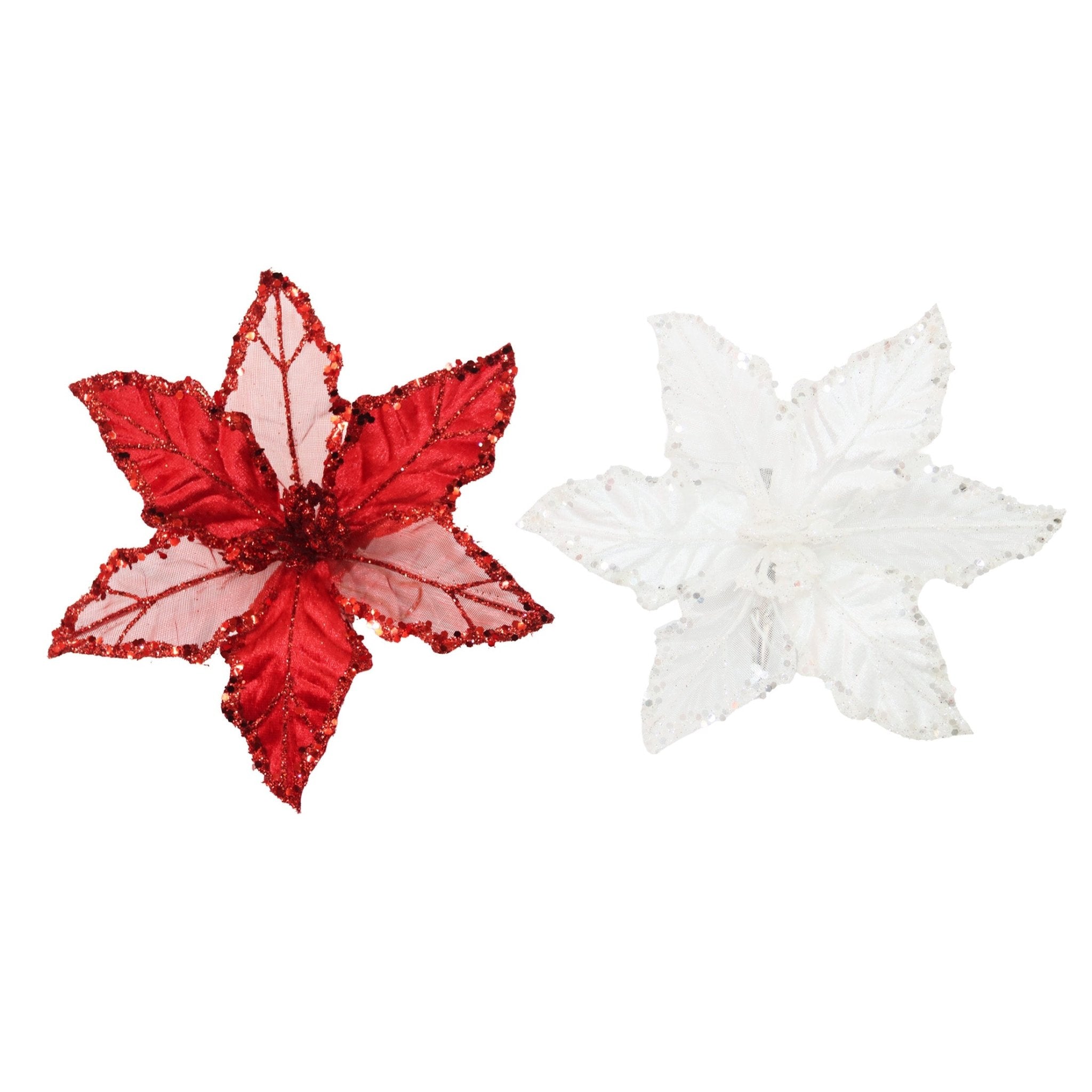 Clip On Sheer/Velvet Poinsettia Pick With Glitter Trim - Country Silk