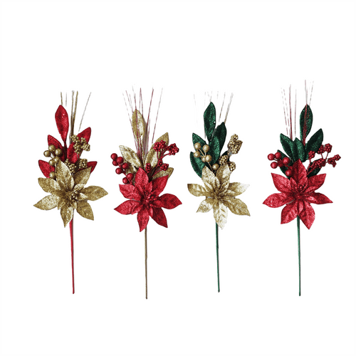 Pdq Glitter Poinsettia Leaf Berry Pick - Country Silk