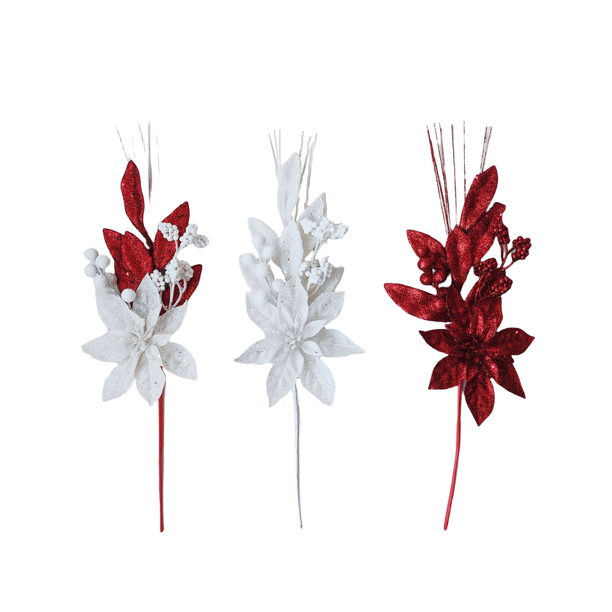 Pdq Glitter Poinsettia Leaf Berry Pick - Country Silk
