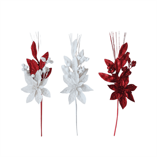 Pdq Glitter Poinsettia Leaf Berry Pick - Country Silk