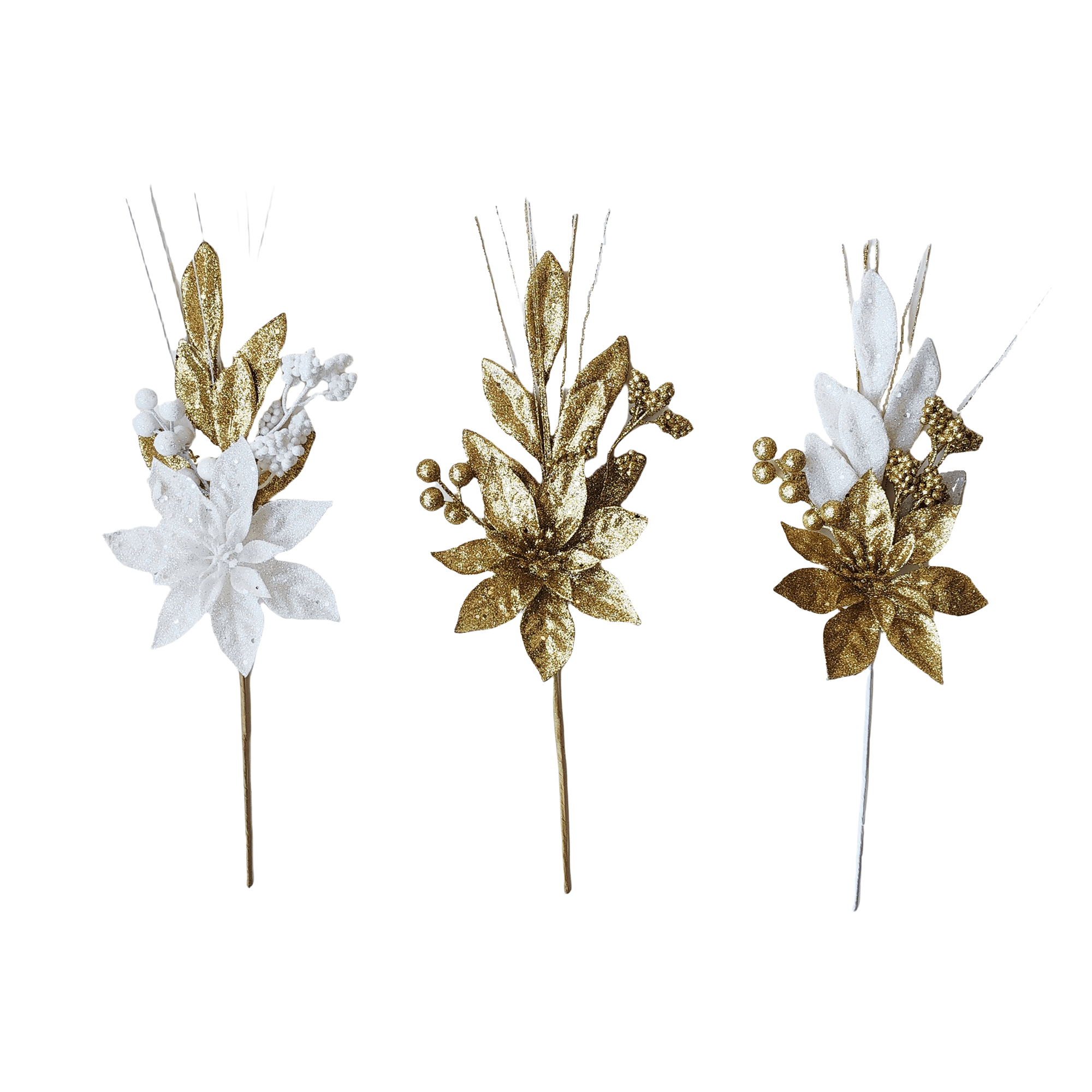 Pdq Glitter Poinsettia Leaf Berry Pick - Country Silk