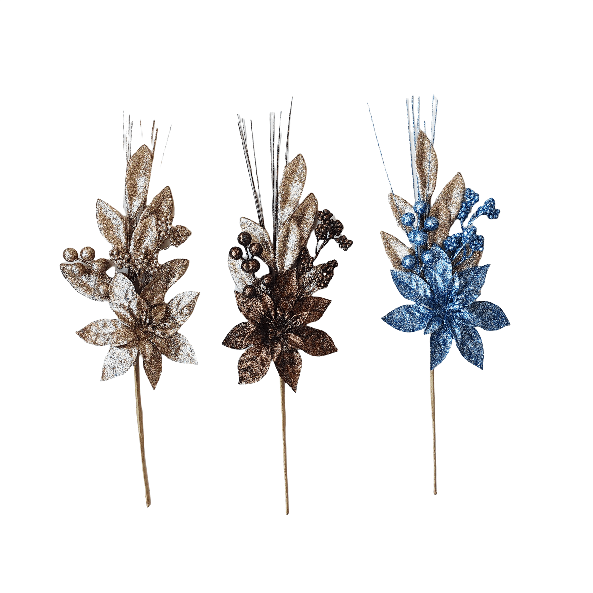 Pdq Glitter Poinsettia Leaf Berry Pick - Country Silk