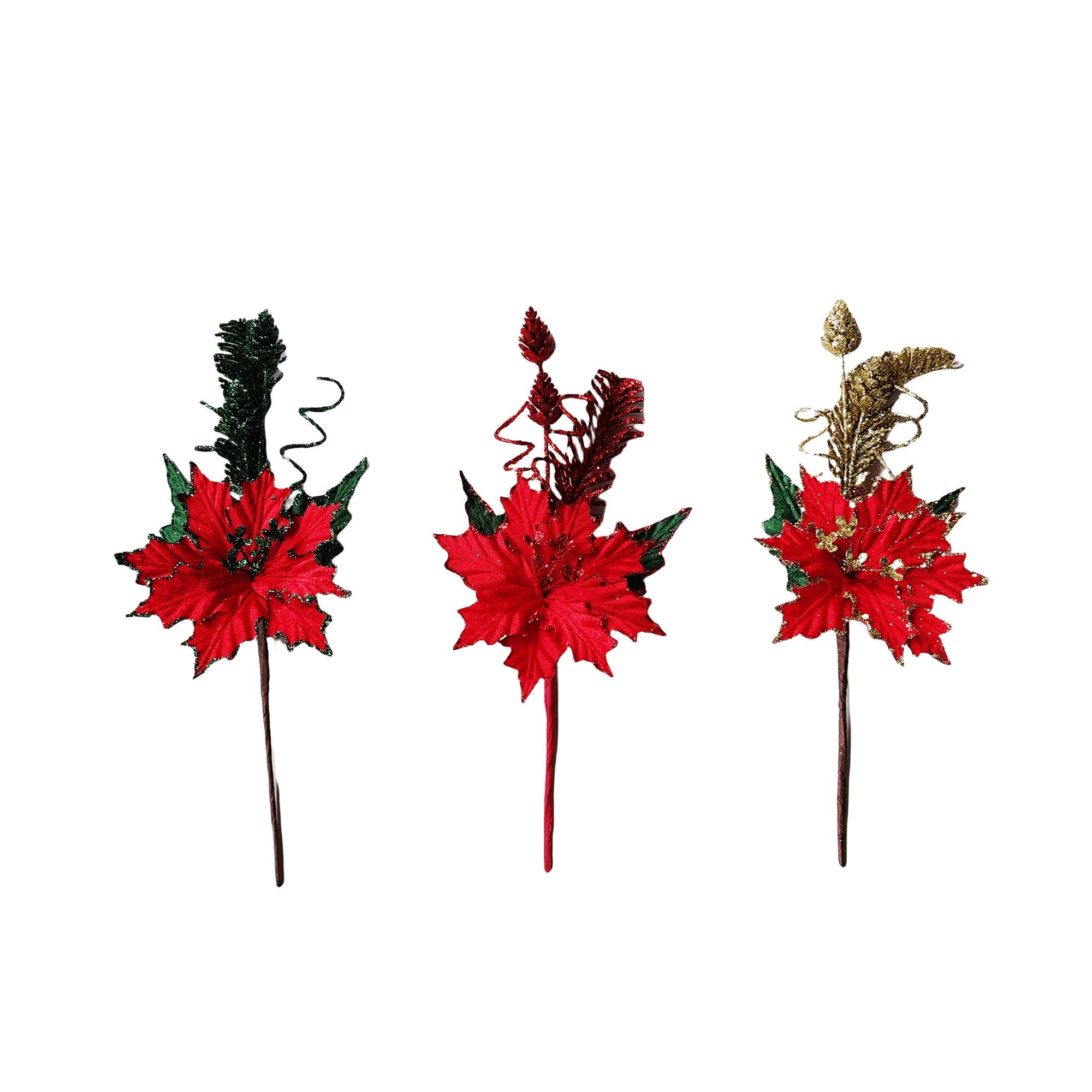 Pdq Poinsettia Pine Pick With Curly Ste - Country Silk