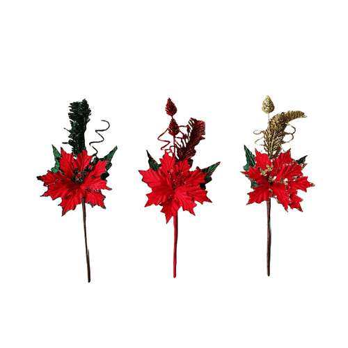 Pdq Poinsettia Pine Pick With Curly Ste - Country Silk