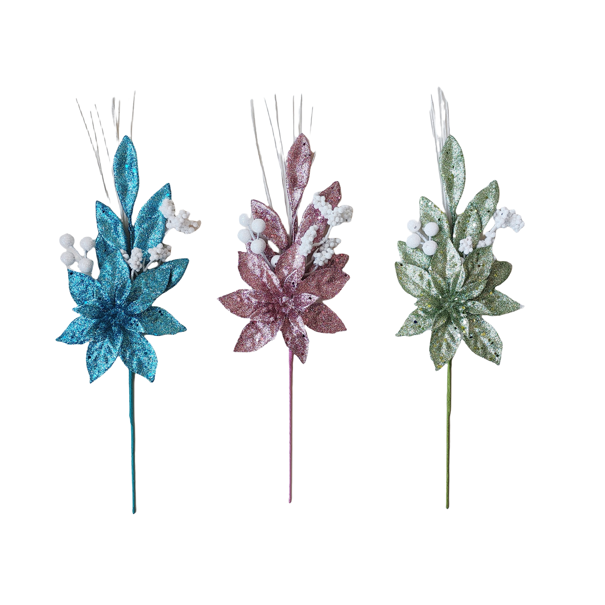 Pdq Glitter Poinsettia Leaf Berry Pick - Country Silk