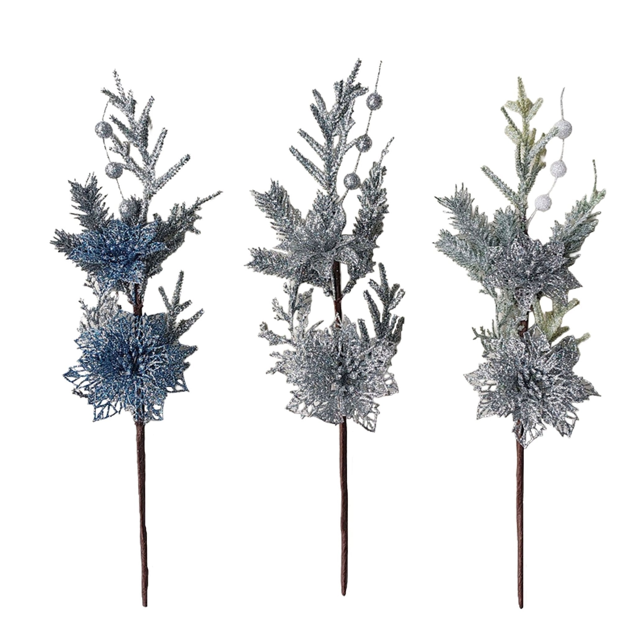 Double Glitter Poinsettia Pick With Pine - Country Silk