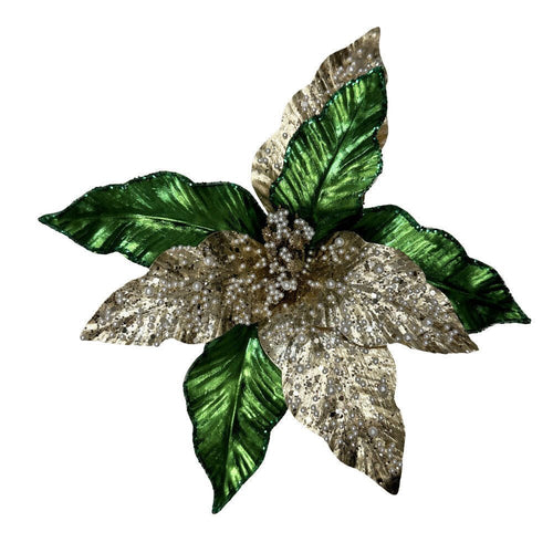 Beaded Metallic Poinsettia Pick - Country Silk
