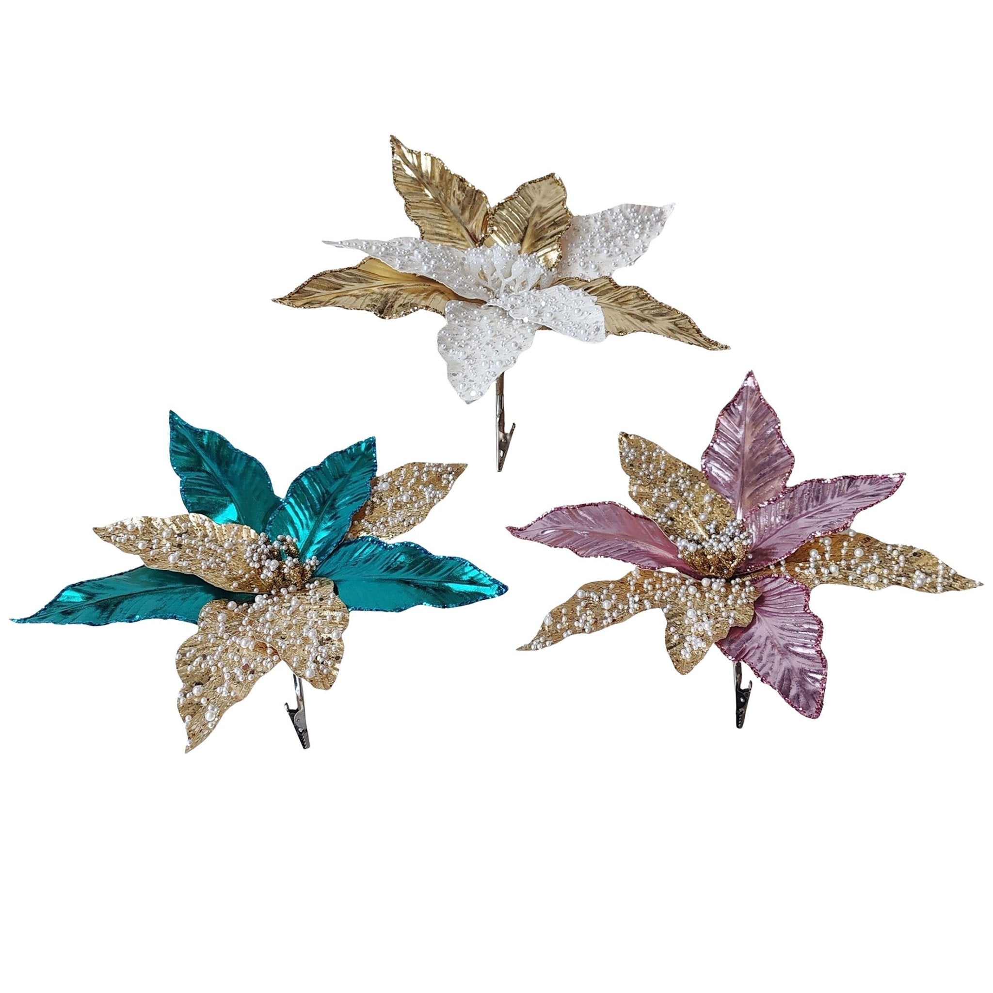 Beaded Metallic Poinsettia Pick - Country Silk