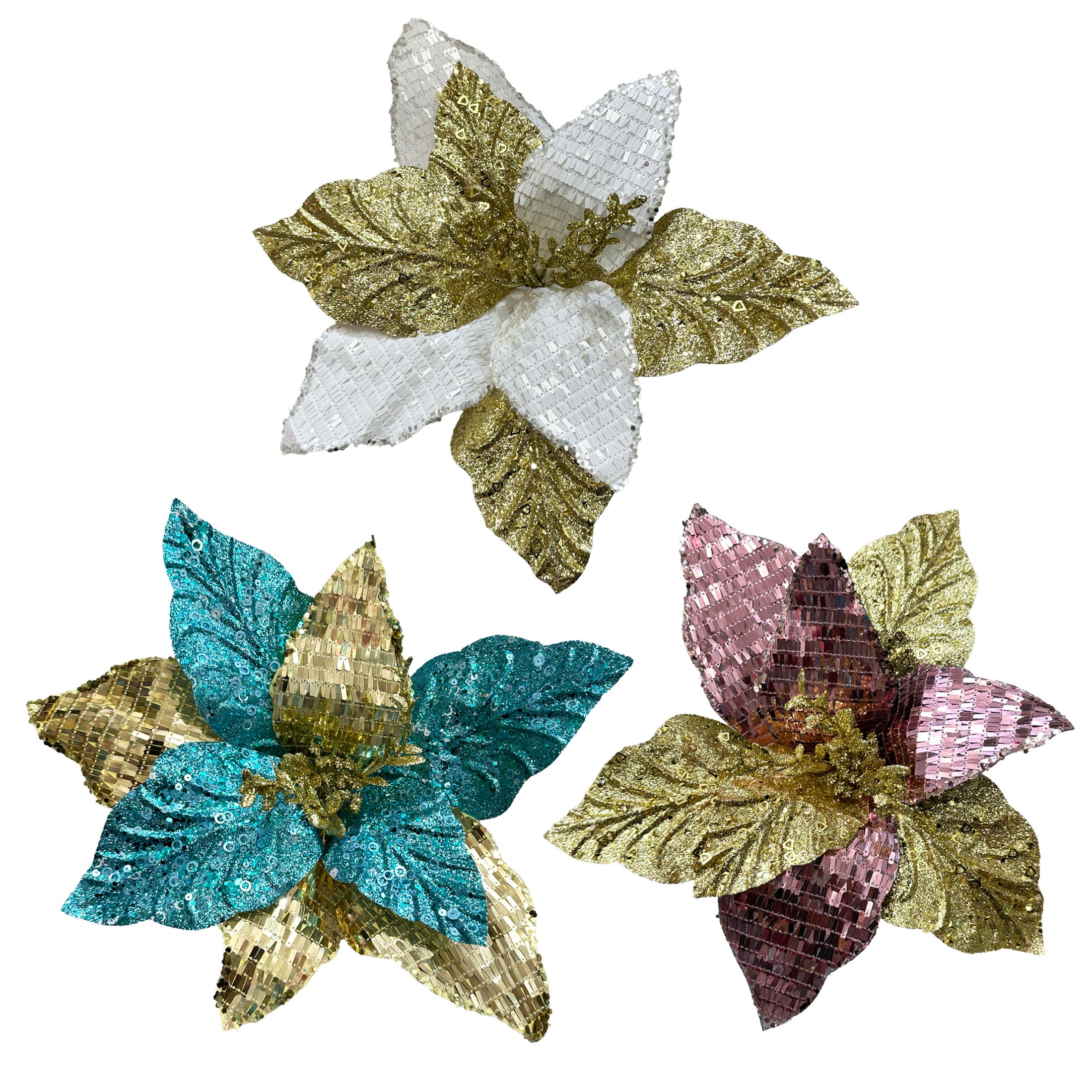 22 Jumbo Poinsettia W Glitter Sequin Lea