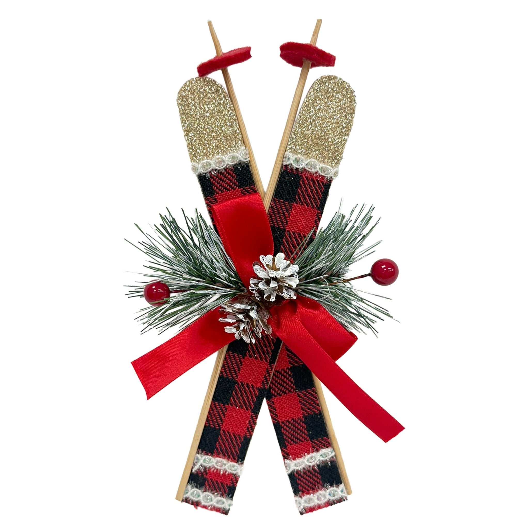 1Pk Buf Chk Ski Orn With Pine And Bow - Country Silk
