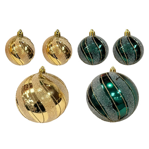 100Mm X 1 And 60Mm X2 Asst Ball Orn With Wide And Thin Glitter Swirl Stripes