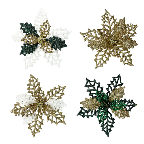 Holly Spray Orn With Glitter Trim
