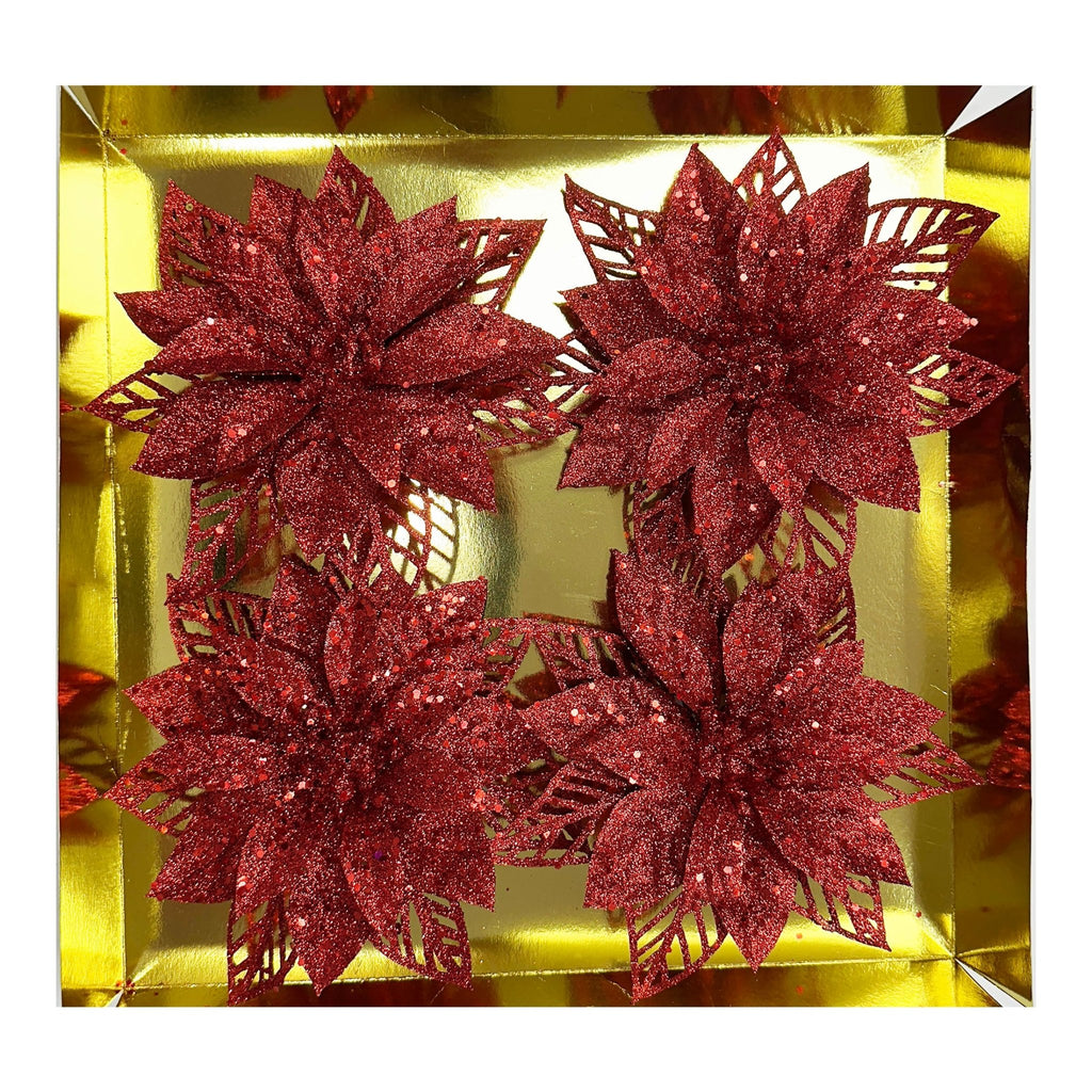 4 Pack Clip On Poinsettia In Box - Country Silk